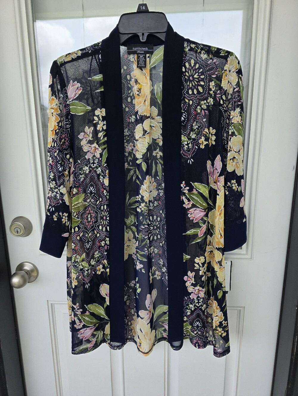 R&M Richards Petite 8P Floral Kimono Cardigan Sheer Open Front 3/4 Sleeve Light